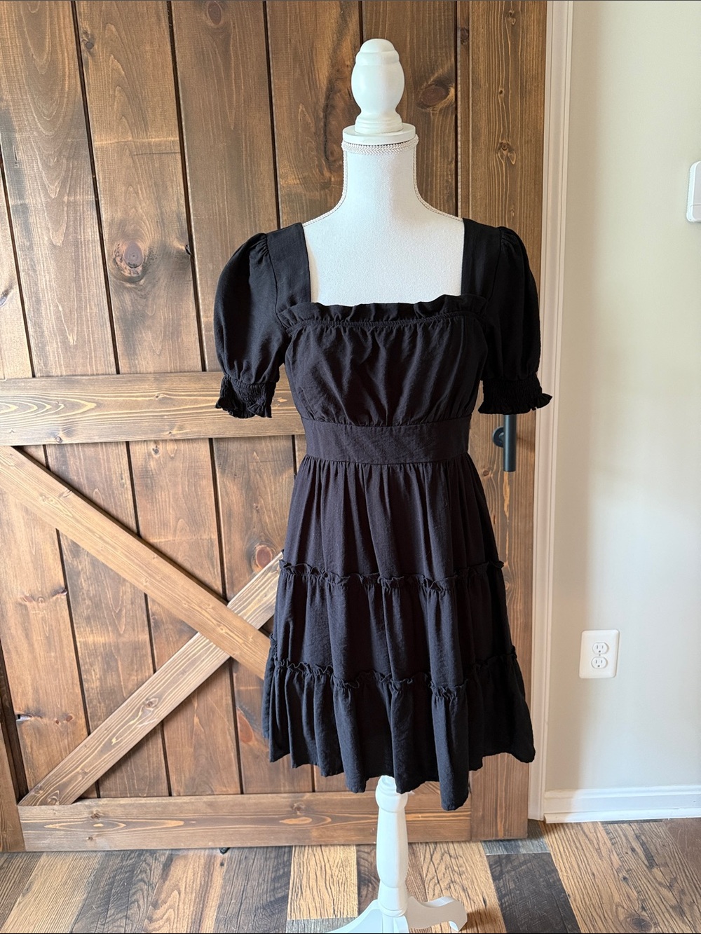 mine Black Square Neck Puff Sleeve Tiered Mini Dress